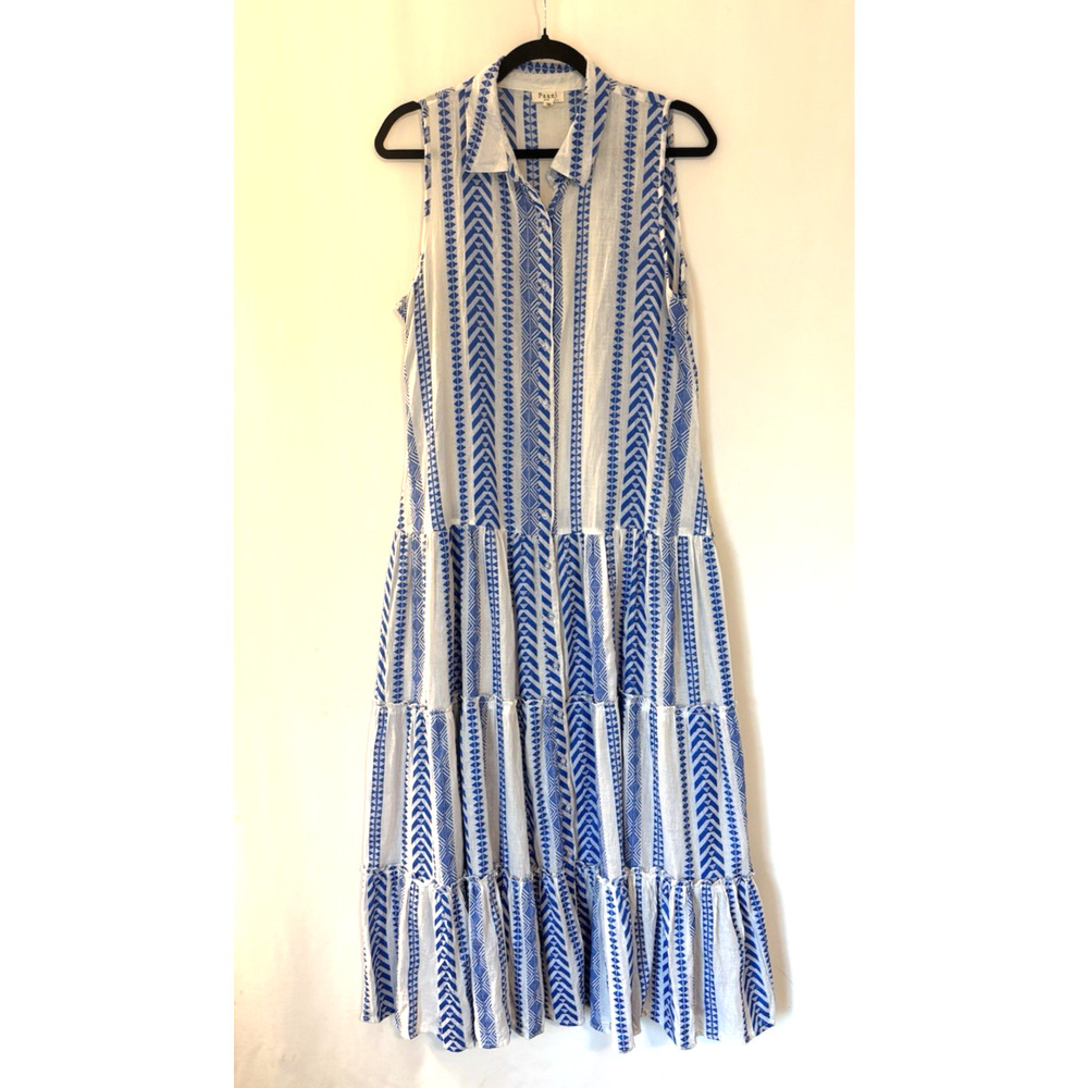 Paani Maxi Dress Medium Long White Blue Aline Buttons Collar Boho